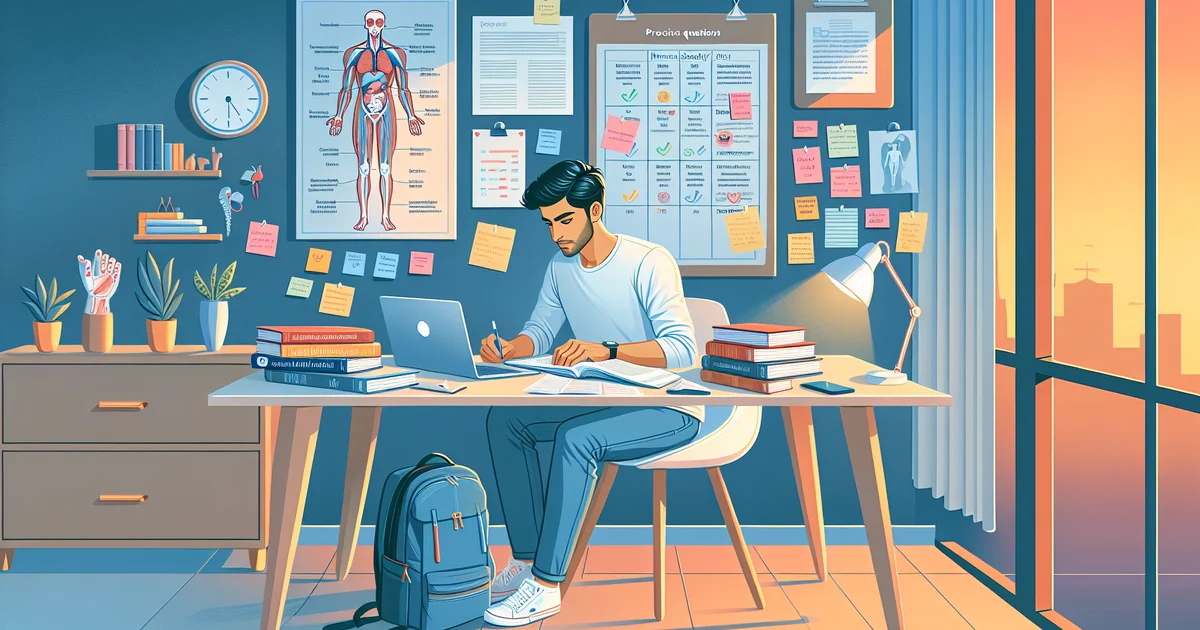 Medical student studying for USMLE Step 1 with organized study materials